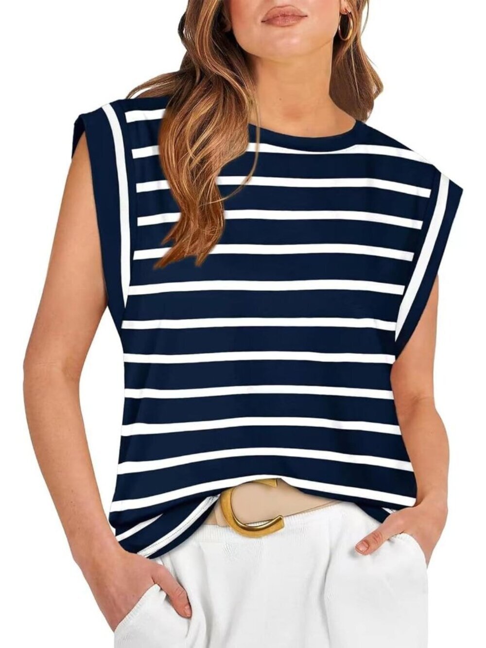 Women's Blue Pull On Cap Sleeve Tank Tops Sleeve Striped Business Basic Shirts